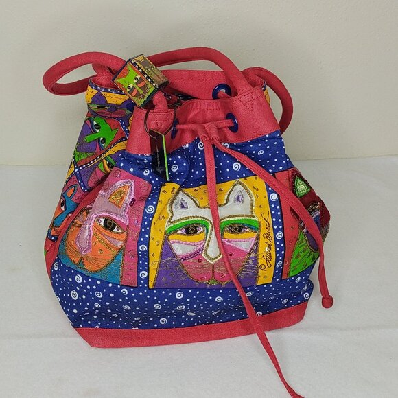 Laurel Burch Red Tote Bag Cat Print Sequins w/Tag & Block Sun N Sand Vintage - Picture 2 of 16
